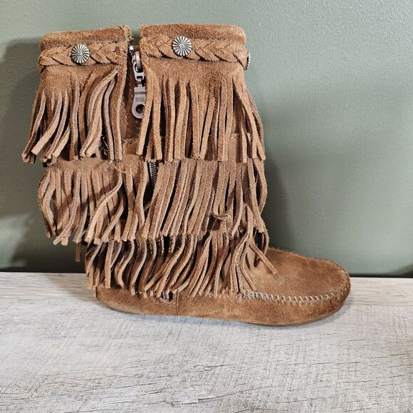 Minnetonka Womens 3 Brown Rust Suede Leather Fringe 3 Layer Tall Boots Moccasin - Picture 5 of 12